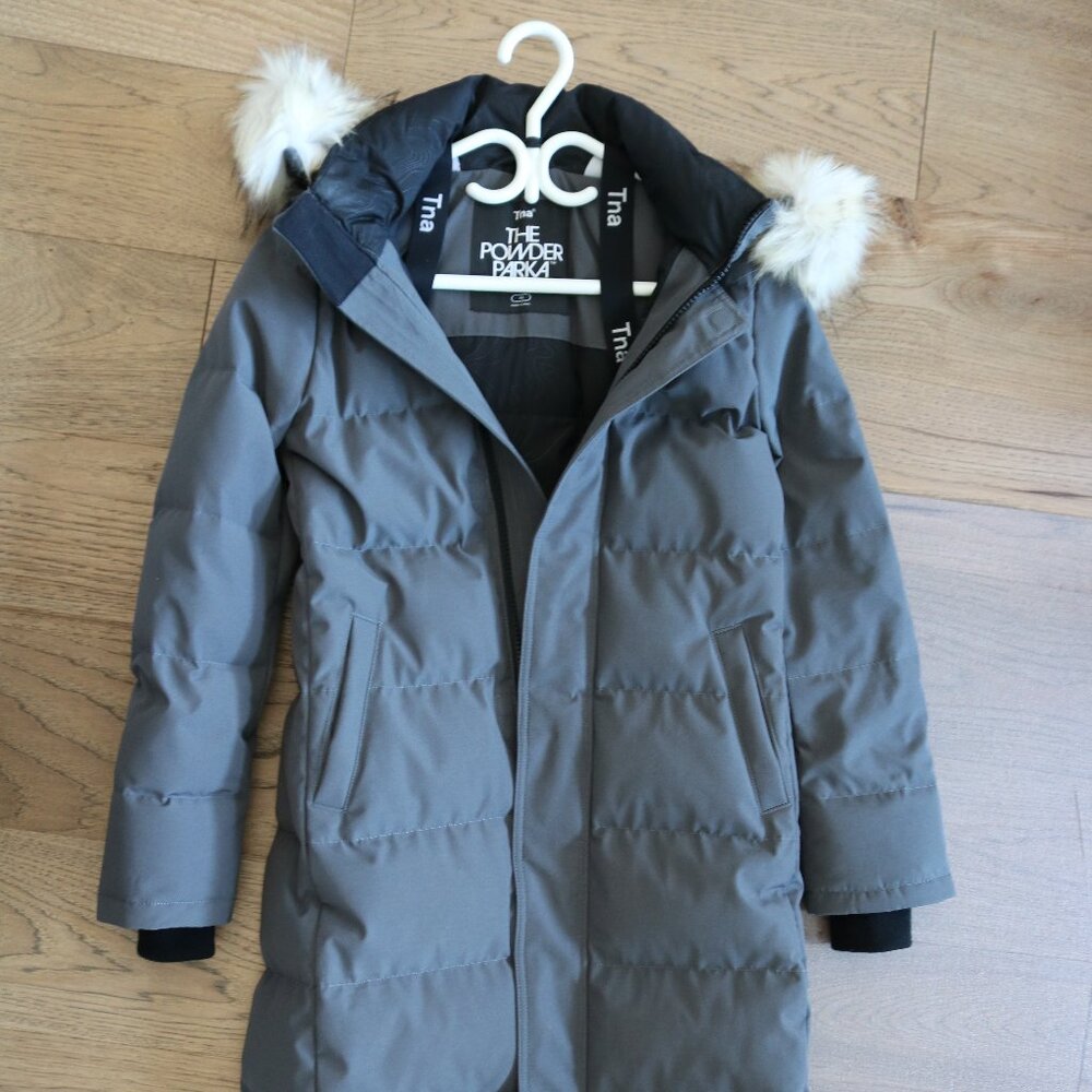 TNA The Powder Parka Puffer Jacket in Gray with White Faux Fur Trim - Picture 2 of 3